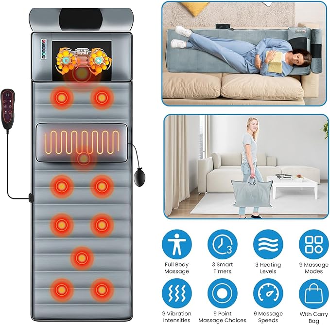 Full Body Electric Massage Mat with Heat 10 Vibration Motors 3 Timers Vibration Massage Pad for Bed Back Mattress Chair Pad with Neck Massager Lumbar Pillow