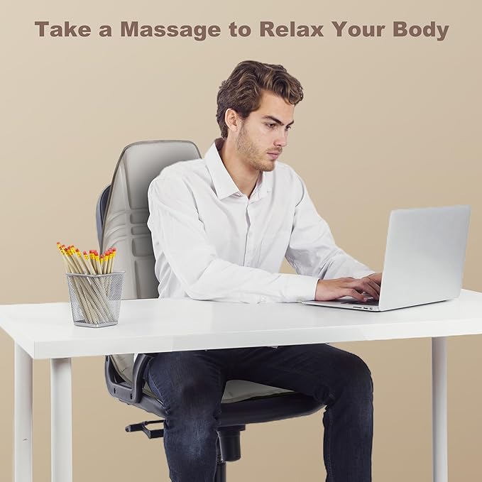 Vibration Back Massager with Heat Massage Chair Pad with 10 Vibration Motors &amp 2 Heating Levels Chair Massager for Recliner Sofa Beige