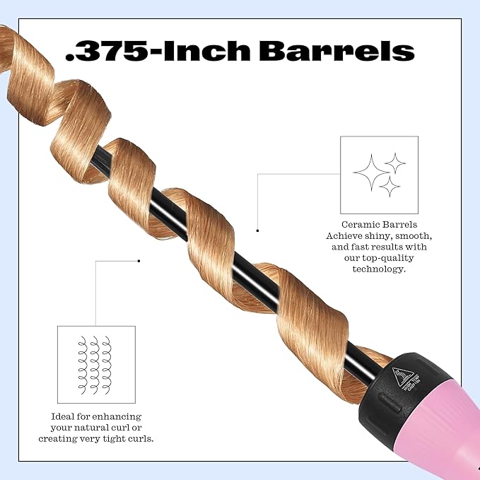 Trademark Beauty Mood Tiny Curling Wand + Handle – Professional Ceramic Small Barrel Hair Curler for Tight Defined Curls – Fast Heating Precise Styling Dual Voltage Heat Glove Included Pink