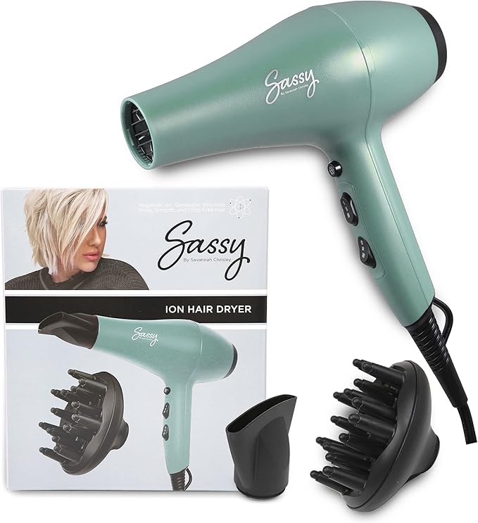 Sassy Ceramic Ion Hair Dryer 1875-Watt Salon Dryer with Concentrator and Diffuser Multiple Heat Settings and Cool Shot (Aqua)