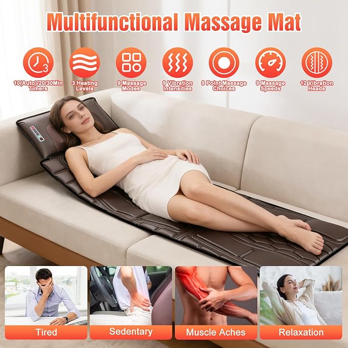 Full Body Massage Mat with Heat 12 Vibration Nodes Massage Chair Pad with 3 Heating Levels Multifunctional Full Body PU Relaxation Seat Back Massager with Head Neck Pillow for Home Office