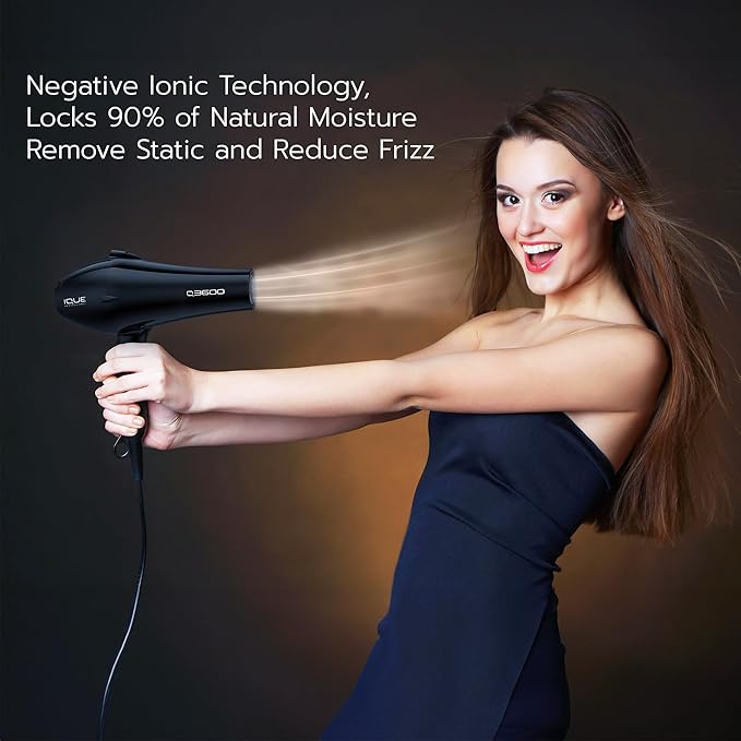 iQUE Professional Salon Quality Hair Dryer | 1875W Ionic Blow Dryer | 2 Speeds &amp 3 Heat Modes | Frizz-Free | Includes 2 Nozzles Attachments | Extra Long Cord and Faster Drying Time
