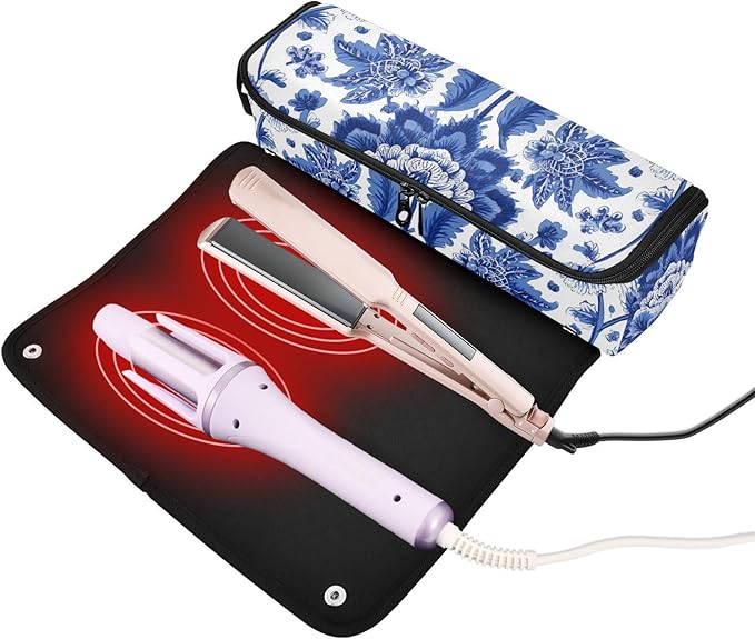 Hair Tools Travel Bag with Heat Resistant Mat Detachable 2-in-1 Curling Iron Travel Case Hot Tools Organizer for Straightener Flat Iron Blue and White Symmetrical Floral