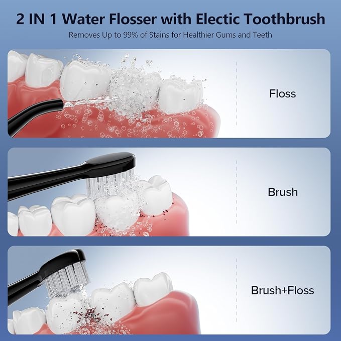 Electric Toothbrush with Water Flosser – 3 Sonic Toothbrush Modes &amp 5 Water Flossing Pressure – Fast Charging &amp IPX7 Waterproof – Portable Travel Case Included Black