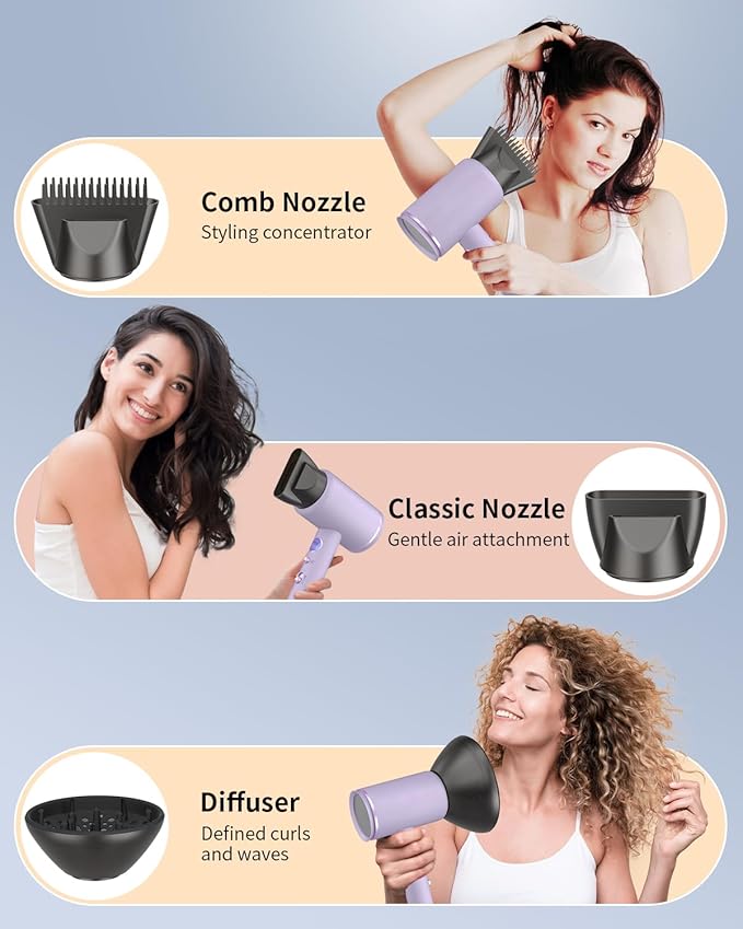 Fast-Drying Ionic Hair Dryer1875 Watt High-Speed Ionic Blow Dryer with Diffuser/Concentrator/Comb NozzleLED Temp DisplayIntelligent Temp ControlLow Noise for Home Salon Travel (Purple)