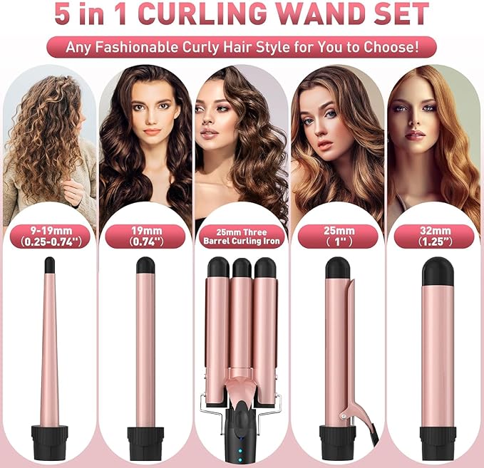 Curling Iron Set Professional 5 in 1 Curling Wand with 3 Barrel Hair Waver Dual Voltage Hair Curler Instant Heating Temp Adjustment for Wavy/Air Bang/Ringlet/Spiral with Heat Resistant Glove