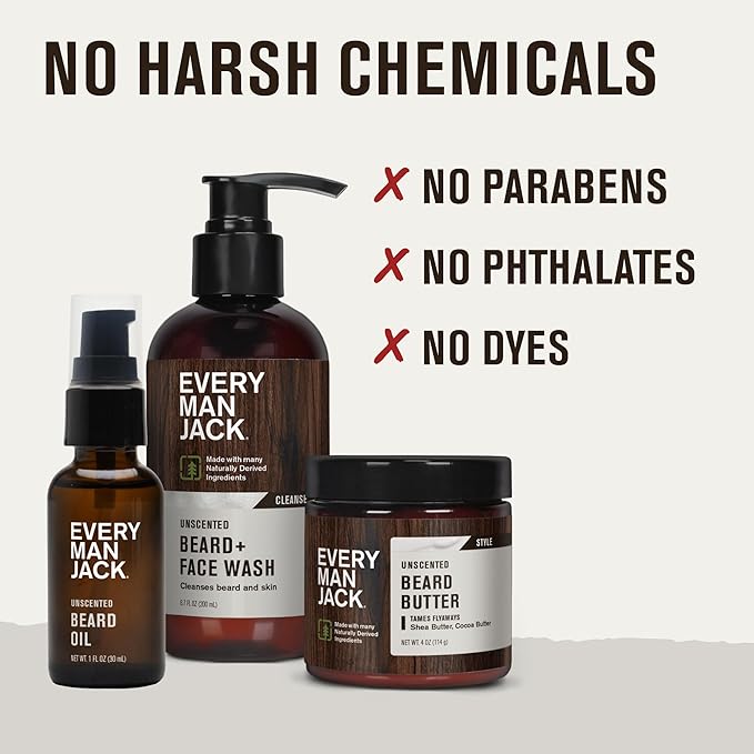 Every Man Jack Unscented Beard Bundle - Fragrance Free for Sensitive Skin - Contains (1) each of Beard &amp Face Wash Beard Butter and Beard Oil