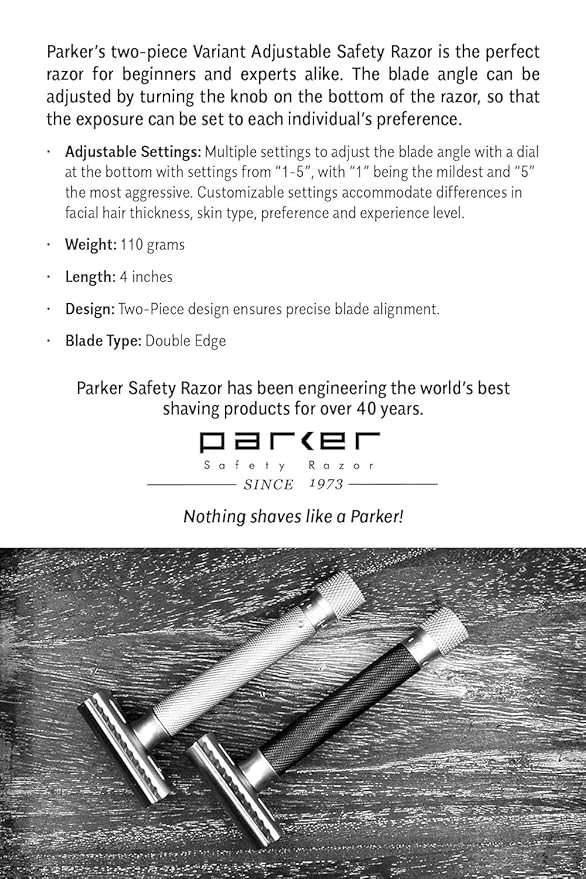 Parker THE VARIANT CLOSED COMB - ADJUSTABLE Double Edge Safety Razor Customize your Shave with a Turn of the Dial from Mild to Aggressive - 5 Blades Included (ROSE GOLD)