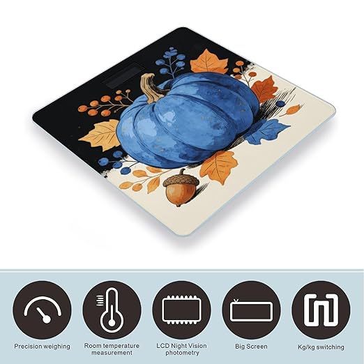 Autumn Pumpkin Blue Smart Scale for Body Weight Digital Bathroom Scale Toughened Glass Weight Scale with Large LCD Backlight Display High Precision Scales Weighing Machine