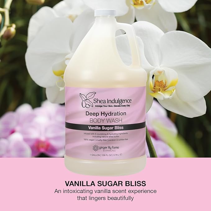 Ginger Lily Farms Botanicals Shea Indulgence Deep Hydration Body Wash 100% Vegan &amp Cruelty-Free Vanilla Sugar Bliss Scent 1 Gallon (128 fl oz) Refill