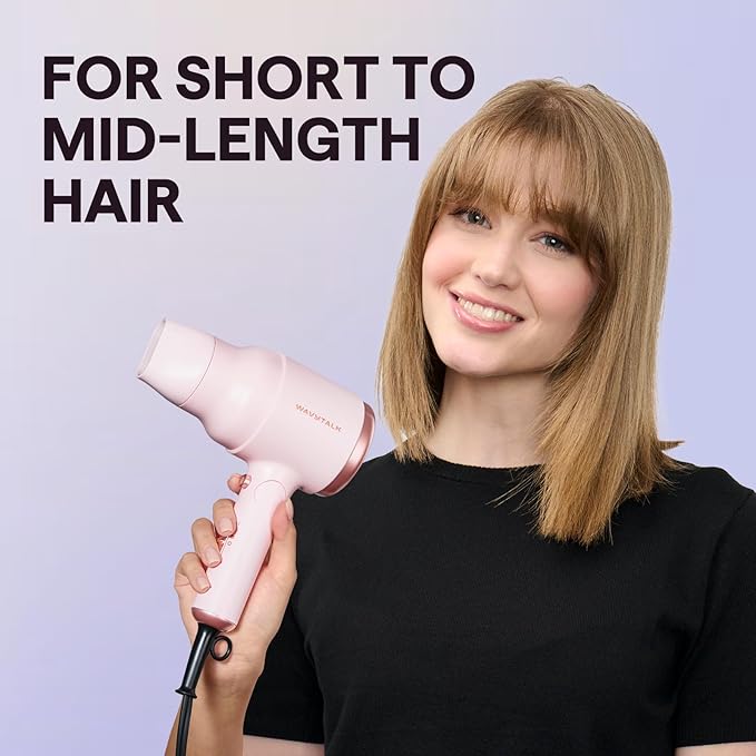 Wavytalk Portable Hair Dryer with Diffuser Foldable Mini Hair Dryer with Lightweight Design 1600W Small Hair Blow Dryer with Diffuser for Curly Hair Fast Drying Rose Pink