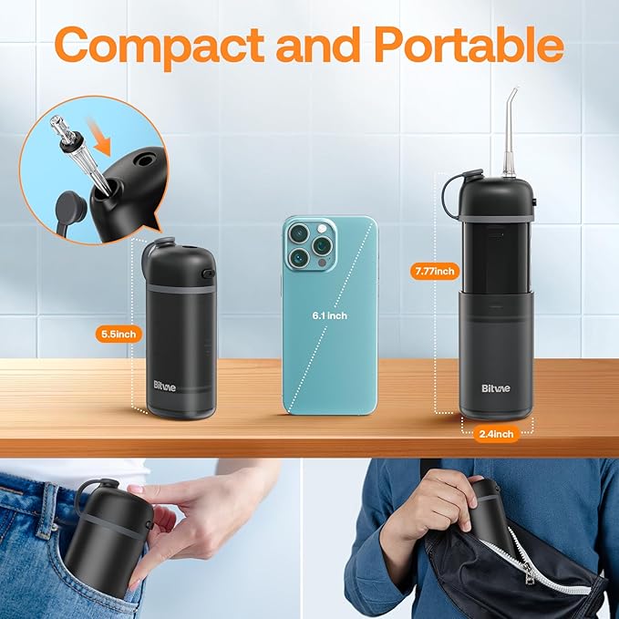 Bitvae P1 Water Dental Flosser Travel Water Teeth Picks Cordless Mini Water Cleaner Picks with Telescopic Water Tank IPX7 Waterproof Flossing Cleaning Picks Brace &amp Sensitive Teeth Care Black