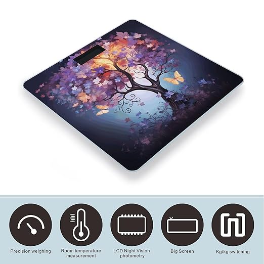 Colorful Flower Butterfly Tree Scale for Body Weight Precision Bathroom Weighing Scales with Back Lit LCD Display Sturdy Tempered Glass Body Weight Scales Digital Bathroom Scale 400lb
