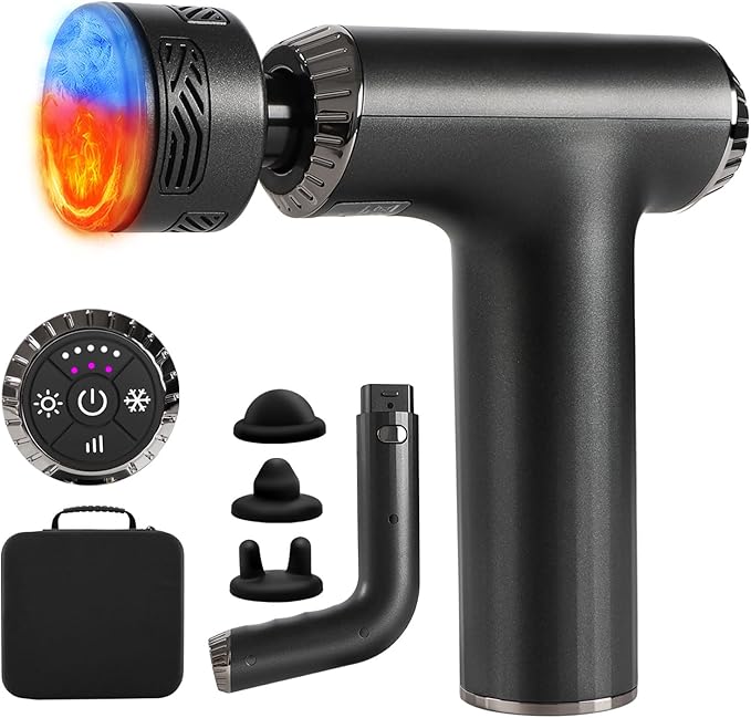 Massage Gun with Heat and Cold 2 in 1 Portable Mini Muscle Massager with Extended Handle Handheld Electric Percussion Deep Massager Tissue Massage Gun for for Home Gym