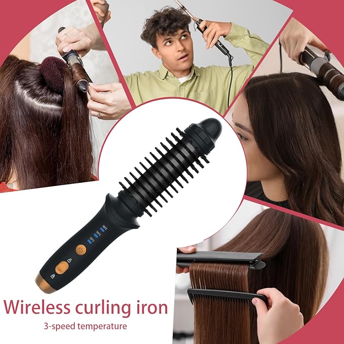 Hair Curling Wands - Small Hair Curling Iron Travel Cordless Heated Round Brush | USB Rechargeable Large Capacity Heat Styling Curling Brush3 Gear Temperature Grooming Tool for Business Triphotel
