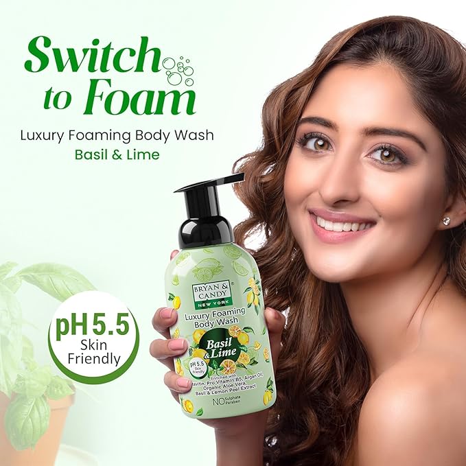 Luxury Foaming Body Wash with PentavitinPro Vit B5Argan OilAloe Vera Skin Friendly pH 5.5 All Skin Types 400 Ml (Basil &amp Lime)