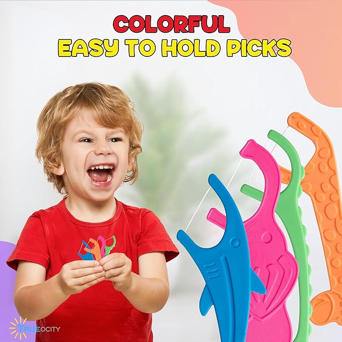 Biodegradable Kids Flossers -200 Pack Natural Kids Floss Picks Fluoride Free Biodegradable Floss Pick Organic Animal Dental Floss Picks Dental Floss Sticks - 4 Fun Animal Designs