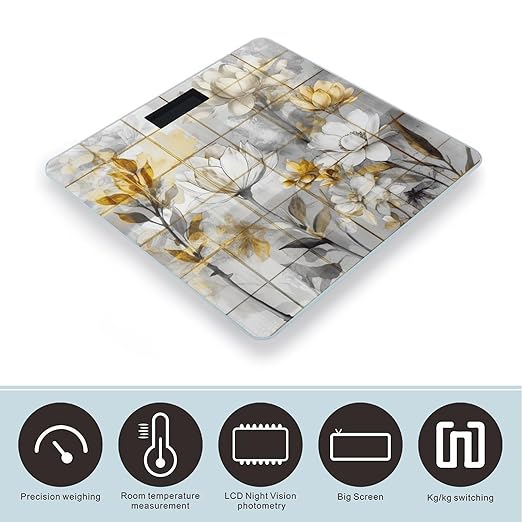 Beige Flower Bud Pattern Scale for Body Weight Accurate Digital Bathroom Scale Toughened Glass High Precision Scales Smart Weight Scales with Large LCD Backlight Display Weighing Machine
