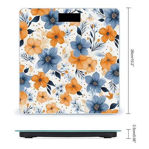 Blue and Orange Flowers on White Background Bathroom Scale for Body Weight Bathroom Weighing Scale with Backlit LCD Display Highly Accurate Measures Weight Up to 180kg