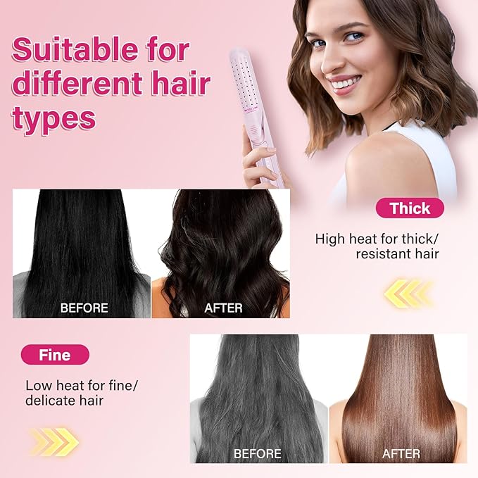 Airflow Styler Curling Iron360° Cool Air Lock in Style for Lasting Curls 2 in 1 Hair Straightener and Curler Anti-Scald for Short Long Hair（Pink）