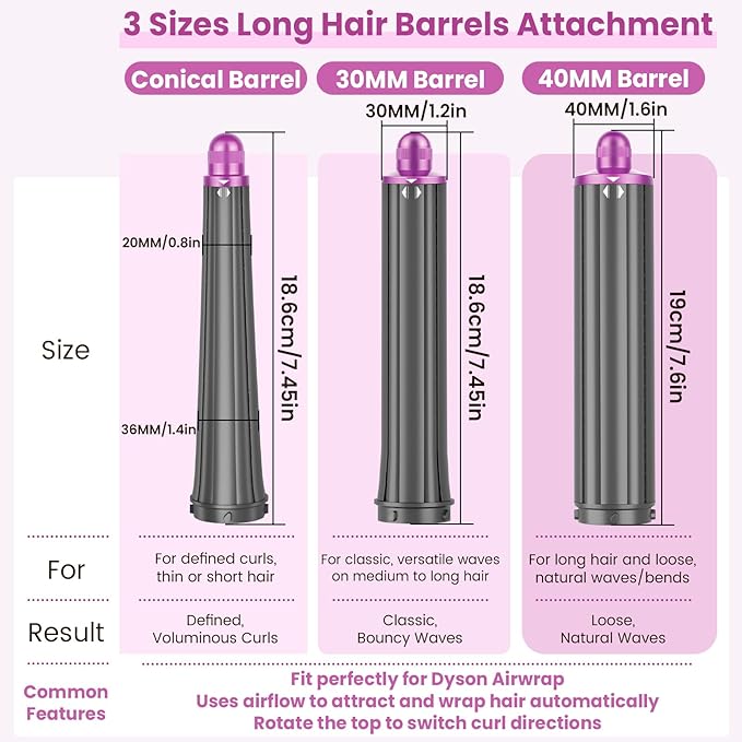 1.2IN Long Hair Barrels Attachment Compatible with Dyson Airwrap HS01 HS05 HS08 Accessories Automatic Curling Iron Curlers for Soft Inward Curls Voluminous Outward Waves Rose