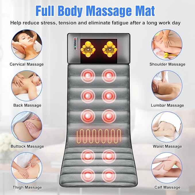 Full Body Massage Mat with HeatElectric Massage Pad with Shiatsu Neck Back Massage PillowMassage Mattress Chair Pad W/ 10 Vibration Motors 3 Heating Levels for NeckBack&ampFull Body Pain Relief