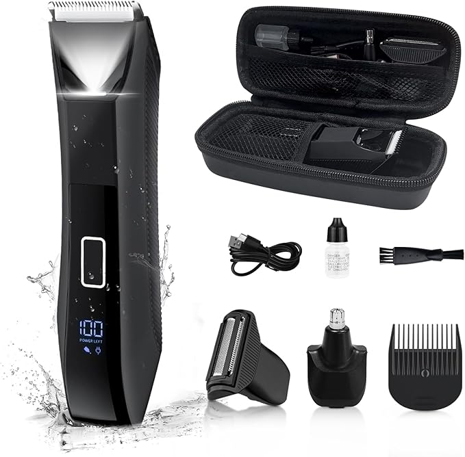 Body Trimmer for Men Groin &amp Body Hair Trimmer Ball Foil Shaver Nose Hair Clippers 3 in 1 Men's Waterproof Wet/Dry Groomer with Travel Case &ampTravel Lock LED Display Black