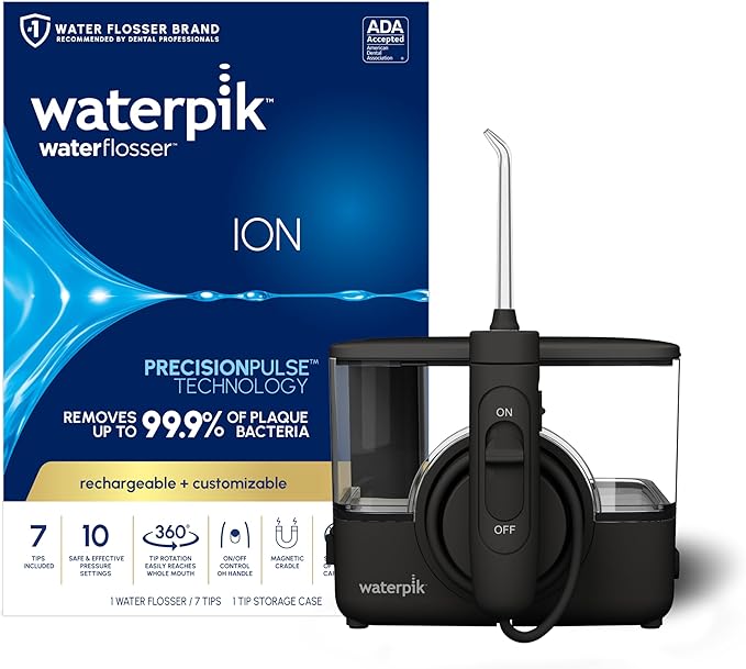 Waterpik ION Professional Water Flosser Rechargeable and Portable for Teeth Gums Braces 10 Settings 7 Flossing Tips For Multiple Users And Needs ADA Accepted WF-12 Black Packaging May Vary