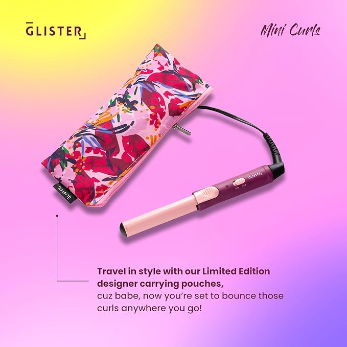 Glister Mini Curls Traveling Small Clip Curler with Carrying Pouch Travel Curler Curling Wand for Normal Thin Dry and Frizzy Hair for Travel use Preferred for Girls or Boys - (Apricot Plum)