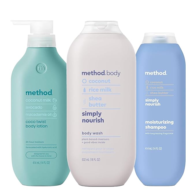 Bundle of Method Simply Nourish Body Wash 18 oz (Pack of 1) + Method Coco Twist Body Lotion 14 oz (Pack of 1) + Method Simply Nourish Moisturizing Shampoo 14 oz (Pack of 1)
