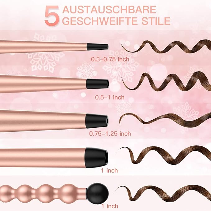 USTAR 5 in 1 Curling Wand for Long Hair Interchangeable Ceramic Barrels 0.35-1.25 Inch Dual Voltage Travel Curling Iron with Heat Resistant Glove 2 Clips Hair Curler for Women Girls Gift
