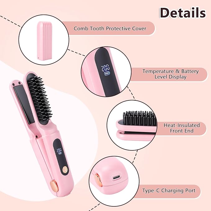 Cordless Hair Straightener Brush Portable Travel Hair Straightener 2 in 1 Cordless Mini Rechargeable Flat Iron &amp Hair Straightener Brush with Dust Cover Digital Display (Pink)