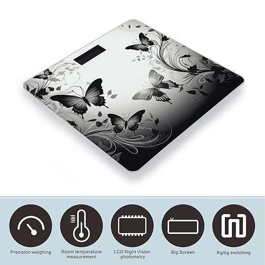 Black Gray Butterflies Bathroom Scale Automatic Power On/Off Body Scales LCD Backlight Display Square Digital Scale Rounded Corners Bathroom Scales for Home Bedrooms