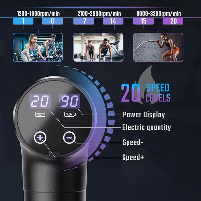 cotsoco Massage Gun with Heat Head Muscle Massage Gun Deep Tissue Back Massager for Pain Relief 20 Speeds Handheld Electric Massager Tool with Silent Brushless Motor Gym Office Home Travel Use