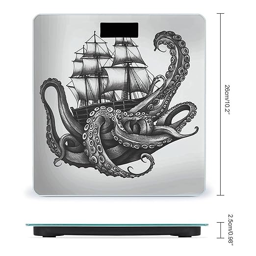 Black and White Octopus and Ship Bathroom Scale Weight Scale for Body WeightHighly Accurate Digital Weighing Machine Clear LED Display Digital Bathroom Body Scale 400lb/182kg