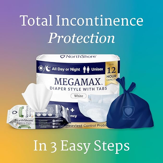 NorthShore MegaMax 12-Hour HBL Adult Diapers for Heavy Bladder Leaks Medium 10 Count Tie-Dye 32-44 inches Tab-Style Incontinence Underwear for Men Women &amp Teens