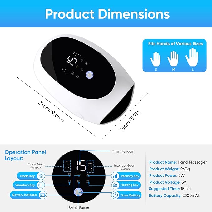 Hand Massager Heat and Compression Deep Kneading &amp Intermittent Negative Pressure Therapy 6 Modes &amp Intensities Electric Hand Massager Carpal Tunnel and Finger Joint Care