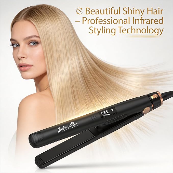 Flat Iron Hair Straightener and Curler 2-in-1 – Ceramic &amp Titanium Slim Plates – Dual Voltage – Professional Anti-Frizz Styling Tool – Sebastian Hair Iron