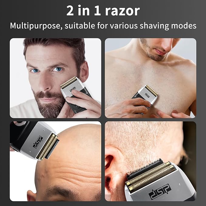 DSP® Electric Razor for Men Bald Shavers for Men 2 in 1 Double Shaver for Men with 2 Foil Head Rechargeable Barber Shaver with Precision Trimmer 3-Speed Shaver with LED Digital Display (Black)