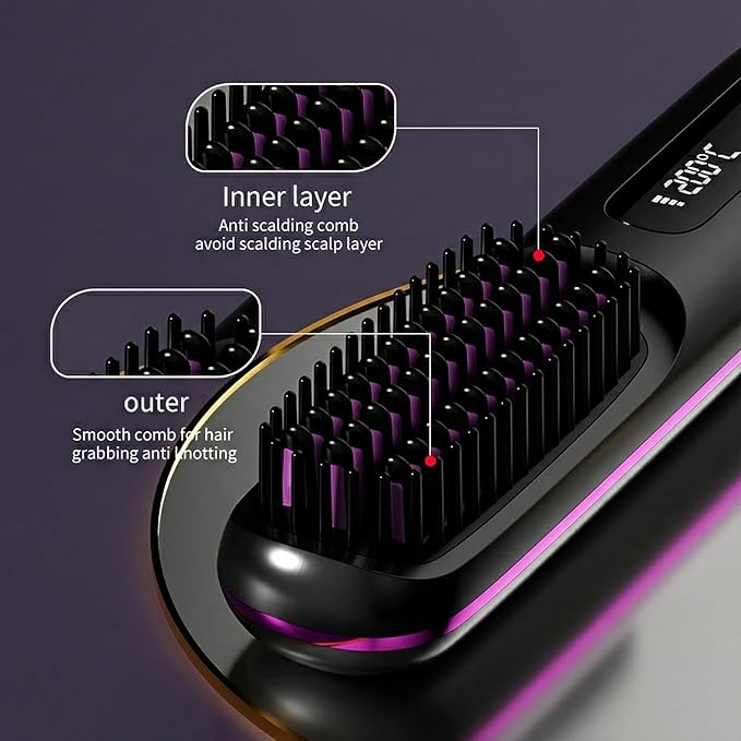 Cordless Hair Straightener Brush with 199M Negative Ions Portable Mini Straightening Comb for Travel 20s Fast MCH Ceramic Heating LCD Display Hair Tools with Bonus Storage Pouch