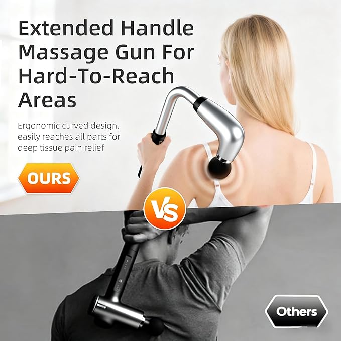 Massage Gun with Upgraded Extension HandleBack Massage Gun Deep TissueBack Massager for Pain Relief for Muscles Neck Shoulders Waist Arm Legs Foot4 Replaceable Heads &amp 9 Speeds (Silver)