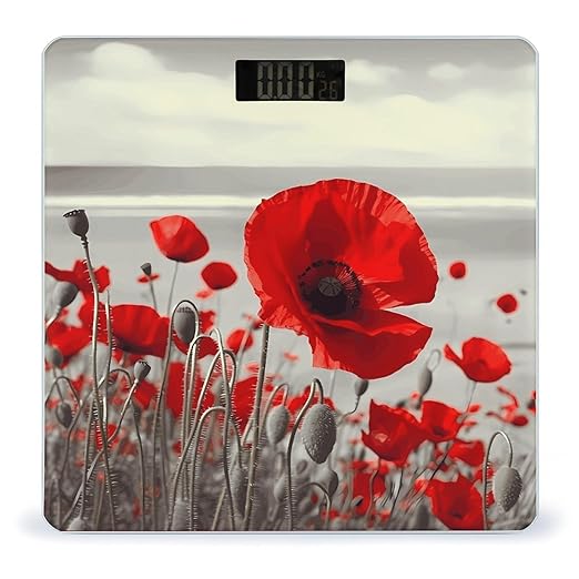 Red Poppy Flower Scale for Body Weight High Precision Digital Weight Scales with LCD Display Anti-Slip Sturdy Slim Tempered Glass Bathroom Scale for Home Use