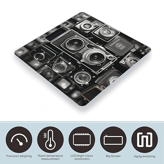 Vintage Camera Scale for Body Weight Anti-Slip Tempered Glass Digital Bathroom Scales Clear LCD Display Weighing Scale Safe Rounded Corners Smart Scales