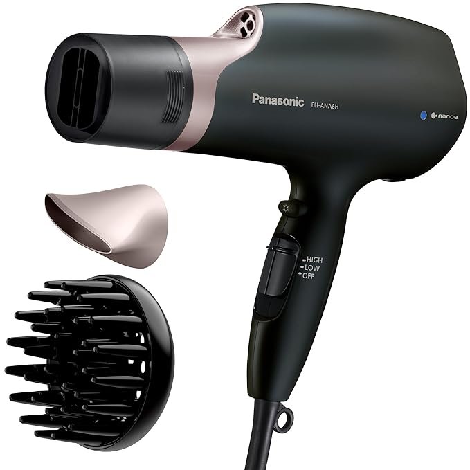 Panasonic Nanoe Salon Hair Dryer Oscillating QuickDry Nozzle Blow Dryer with Diffuser Concentrator Attachments 3 Speed Heat Settings for Styling and Healthy Hair - EH-ANA6HN (Black/ Pink Gold)