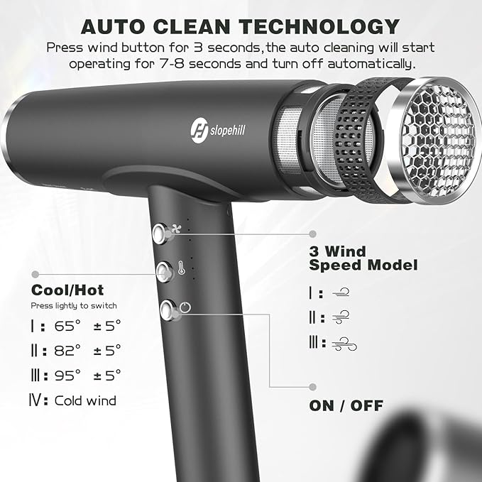 slopehill Professional Ionic Hair Dryer with Diffuser - Lightweight Compact Powerful &amp Fast Salon Blow Dryer with High Speed Brushless Motor for Travel Women &amp Men (Ceramic Dark)