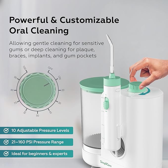 Pro Countertop Oral Irrigator Water Dental Flosser | 10 Pressure Levels 21–160 PSI 20.3 oz Large Tank Complete 8-Tip System for Braces Implants &amp Gum Care BPA-Free (FC1761-W)
