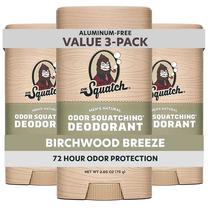 Dr. Squatch Natural Men’s Deodorant – Aluminum Free Natural Deodorant Men with Charcoal &amp Postbiotics for 72-Hour Odor Protection – Birchwood Breeze 2.65oz Stick (3-Pack)