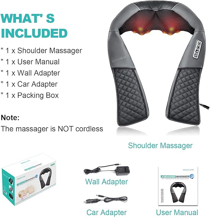 Medcursor Neck Massager Portable Electric Shiatsu Back Massage Device with Heat Deep Tissue 3D Kneading Pillow for Muscle Pain Relief (No Battery)