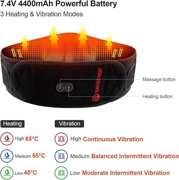 Heating Pad Lower Back Massager Wrap for Back Pain Relief Heated Waist Belt with Vibration Massage 7.4V 4400mah Battery Heat Therapy for Lower Back Lumbar Waist Abdominal Stomach Spine