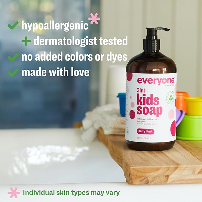 Everyone 3-in-1 Kids Soap Body Wash Bubble Bath Shampoo 32 Ounce (Pack of 2) Berry Blast made with Essential Oils for Toddlers tweens and teens